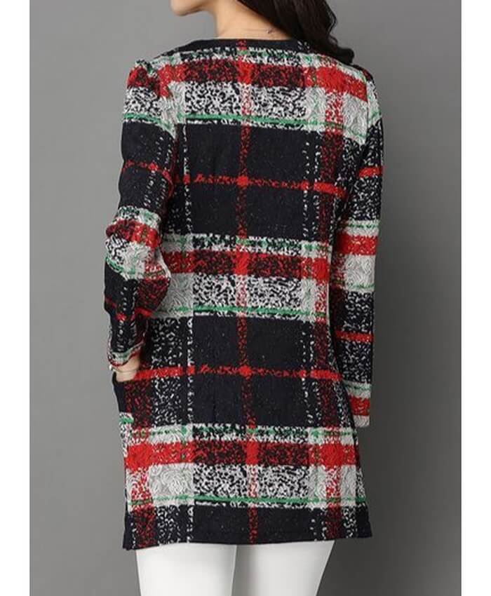 Long Sleeve Printed Pocket Round Neck Navy Blouse